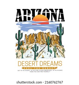 Arizona desert dream, feel the sunset, mountain, cactus, sky, sun and text artwork for t shirt 