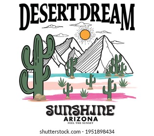 Arizona Desert dream, feel the sunshine watercolor with cactus vector artwork.