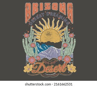 Arizona desert dreaming vector print design for t shirt and others. Desert vibes graphic print design for apparel, stickers, posters and background. Sunflower and sun artwork.