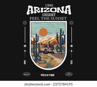 Diseño de la impresión vectorial del desierto de Arizona para camisetas y otros. Diseño gráfico de impresión de vibraciones del desierto para prendas de vestir, pegatinas, carteles y fondo. Pinturas de girasol y sol.