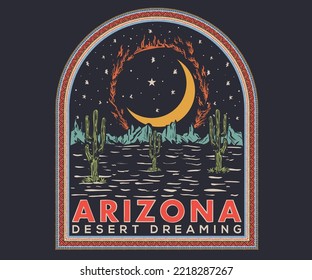 Diseño de camisetas vectoriales de sueño del desierto de Arizona. Sol desierto, luna y estrellas artísticas para camisetas y otros.