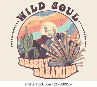Arizona desert dreams with light blast vector graphic print artwork for apparel, stickers, background and others. Desert night view retro vintage illustration. Desert dreaming t-shirt design. 