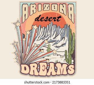 Arizona desert dreams with light blast vector graphic print artwork for apparel, stickers, background and others. Desert night view retro vintage illustration. Desert party t-shirt design. 