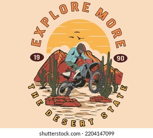 Arizona desert explore by bike graphic print design for t shirt, poster, sticker and others.  Wild cactus and mountain illustration artwork for men , women, boy and girl.