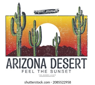 Arizona desert with gradient sky vector t shirt design. Wild cactus artwork for apparel, sticker, batch, background, poster and others. 