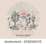 Arizona desert graphic print artwork. Cactus graphic t shirt design. Desert adventure art. Arizona vintage print design for t shirt. Feel the heat. Desert vibes with mountain artwork.