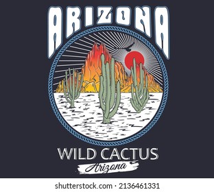 Arizona desert graphic print design for t shirt, poster, sticker and others. Cactus wild vector artwork design. 