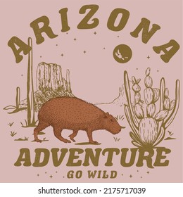 Arizona desert graphic print for fashion and others. Capybara Saying Desert Mountain Cactus Vintage. capybara or greater capybara is a giant cavy rodent 