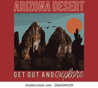 Arizona desert graphic print t shirt design. Wild explorer artwork for apparel, poster, sticker and others.