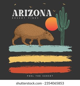 Arizona desert graphic print  T shirt and others. Capybara Vector Illustration Brush Stroke Desert Mountain Cactus Vintage. capybara or greater capybara is a giant cavy rodent.