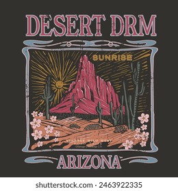 Arizona desert Hand drawn sketch Desert night view retro vintage, dreams with light blast vector graphic print artwork for apparel, stickers, background and others