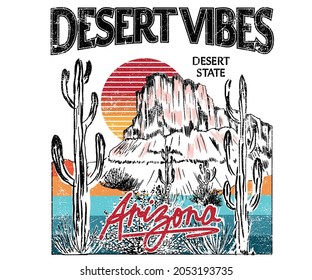 Arizona desert hand paint graphic  print design. Cactus sketch drawing artwork for t shirt and others.