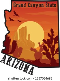 Arizona Desert Illustraiton with Map Frame - Canyon Print with Cactus Eagle and Sunset Colors - Graphic Tee Pattern Vector