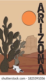 Arizona Desert Illustration Print with Slogan - Hand Drawn Vector - Canyon Road Sketch with Cactus and Cow Skull - Western Style Poster