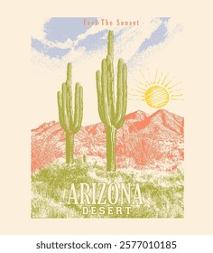 Arizona Desert illustration. vintage retro desert graphics. summer cowboy cowgirl t shirt design. print design. westerns wild fashion. graphics design. fashion prints. desert poster