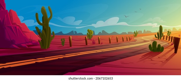 Arizona desert landscape with asphalt road, rocks and cacti. Wild west highway in American canyon, hot sand deserted land with orange mountains. Summer western background, Cartoon vector illustration