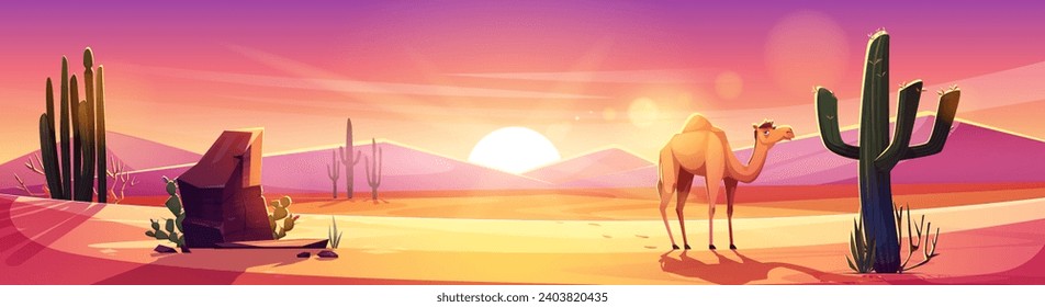 Arizona desert landscape with brown rock and sand dune hills, green cactus and grass, camel on sunset or sunrise. Cartoon drought sandy scenery with wild cacti and animal, pink evening or morning sky.