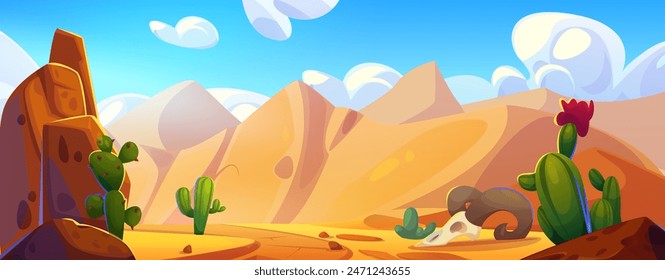 Arizona desert landscape with cactus background. Western mexico or Texas scene with road in summer. Rock and sand mountain nature panorama with cacti plant and skull in Afica dry wilderness land