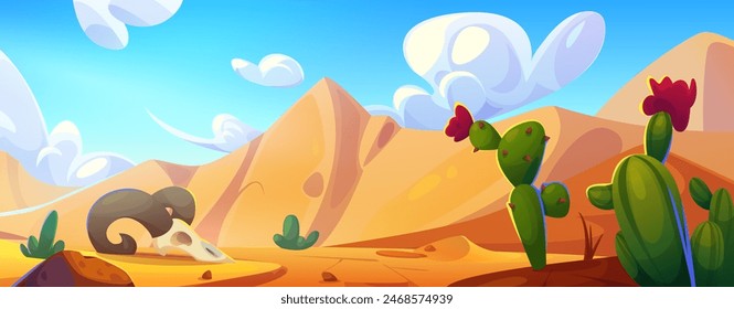 Arizona desert landscape with cactus cartoon. West Mexico wild scene with mountain and bull skull on sand. Dry Sahara land game scenery design. 2d heat Texas vegetation panorama with rock and cacti