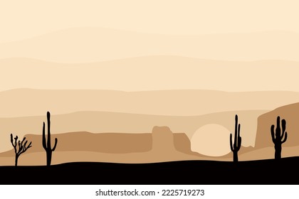 Paisaje del desierto de Arizona con cactus, colinas y siluetas de montaña. Ilustración vectorial en colores beige y negro monocromos. Fondo horizontal natural, banner, portada, plantilla.