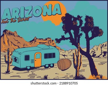 arizona desert landscape illustration with caravan camping