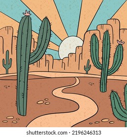 Arizona desert landscape linear graphic print for apparel, t shirt, sticker, poster, wallpaper and others. Coloured sketch of cactus, sunset and canyon. Outline vector hand drawn illustration.