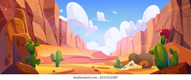 Paisaje desértico de Arizona con montañas de acantilados de roca, cactus verdes y hierba, superficie y camino de arena, cielo azul soleado con nubes blancas. Escena occidental del desierto del verano del Vector de la historieta con el cañón.