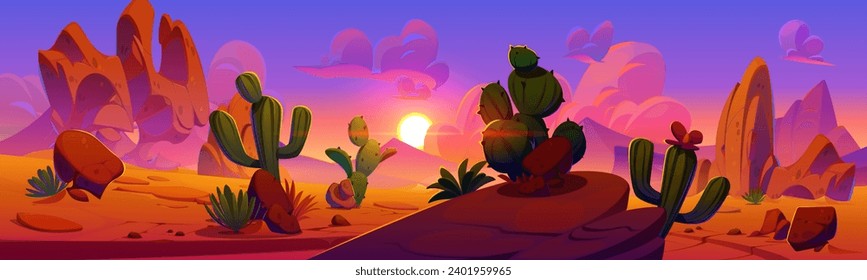 Arizona desert landscape with rocks, cliff mountains and cactus on sunset or sunrise. Cartoon vector illustration of sandy scenery with canyon and wild cacti and grass flooded with pink sunlight.