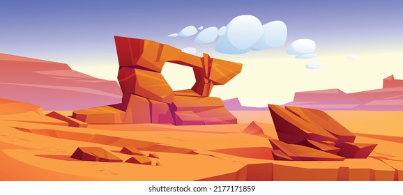 Paisaje del desierto de Arizona, fondo salvaje oeste con dunas de arena doradas y piedras bajo cielo azul. Naturaleza seca desierta con superficie de arena amarilla y rocas de arco, ilustración vectorial de dibujos animados