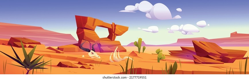 Arizona desert landscape, wild west background with golden sand dunes and stones under blue sky. Dry deserted nature with animal skeleton on yellow sandy surface and cacti, Cartoon vector illustration