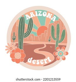 Arizona desert with light blast round graphic print artwork for apparel, stickers, background and others. Desert sunset view retro vintage vector illustration. Desert dreaming t-shirt design.