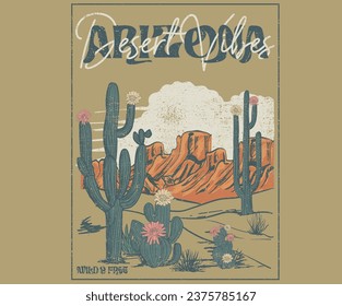 Arizona desert mountain in cactus flower, Arizona desert vibes graphic print for fashion and others. Desert vibes graphic print design for apparel, stickers, posters and background. Sunflower and sun.