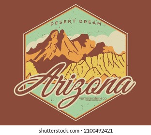 Arizona desert with mountain graphic print design for t shirt. Vintage artwork for apparel, sticker, poster