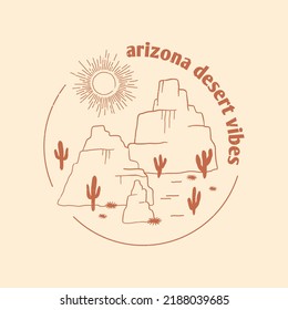 Arizona desert with mountain graphic print design for t shirt. Vintage graphic for apparel, sticker, batch, poster and background. Outdoor western vintage artwork. Joshua tree