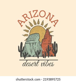 Arizona desert with mountain graphic print design for t shirt. Vintage graphic for apparel, sticker, batch, poster and background. Outdoor western vintage artwork. Joshua tree