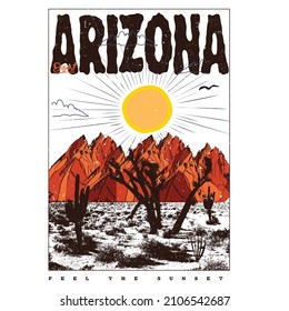 Arizona Desert Mountains, its vector Illustration, colorful vector graphic print design for t shirt print, poster, sticker, background and other uses.