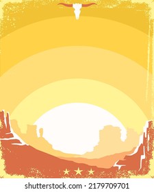 Arizona Desert Poster Background For Text. Vector Wild West Illustration On American Abstract Desert Sunset Abstract Landscape On Old Paper Texture