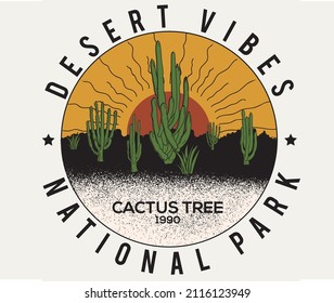 Arizona desert print design for t shirt. Cactus tree artwork for apparel, sticker, poster and other uses. Feel the sunset graphic vector design.