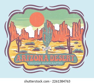 Arizona desert print design for t shirt. Arizona desert vibes vector artwork. Cactus wild.