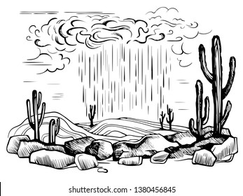 Arizona desert rain storm vector sketch. The long-awaited cloud rain in the hot desert. Cactus. Cacti in stones engraving illustration.