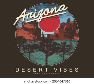 Arizona desert retro artwork design for t shirt. Arizona vintage graphic illustration design for apparel, poster batch and others. 