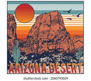 Arizona desert retro graphic design. Desert illustration vector artwork. 