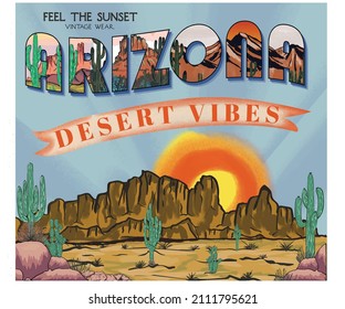 Arizona desert retro graphic print design for t shirt, poster, background and sticker.