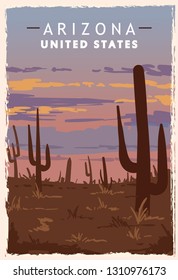 Afiche retro del desierto de Arizona. Ilustración de viaje de USA Arizona. Tarjeta de felicitación de los Estados Unidos de América. ilustración vectorial.