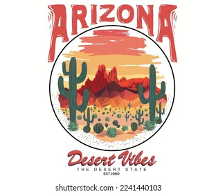 Arizona desert retro print design for t-shirt. Arizona desert vibes  graphic print design. Western desert design for poster, sticker and others. Watercolor art.