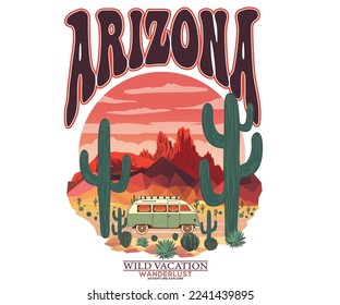 Arizona desert road trip print design for t-shirt. Arizona desert vibes adventure vintage graphic print design. Western desert design for poster, sticker and others.