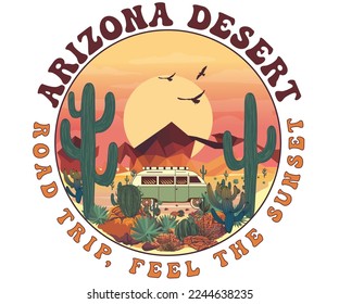 Arizona desert road trip retro vector t-shirt design.