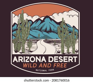 Arizona Desert Road Trip Vintage Vector Artwork For T Shirts, Sticker, Batch, Background And Other Uses.