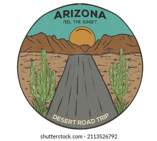 Arizona desert road trip vintage print design for t shirt print, poster, sticker, background and other uses.