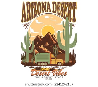 Arizona desert road trip vintage graphic print design for t shirt, poster, sticker and others. Cactus and mountain vector artwork.